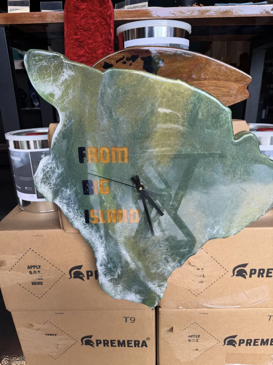 Island-shaped resin piece in sea glass tones