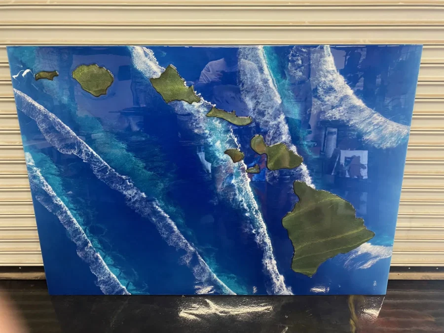 Ocean resin panel with the Hawaiian islands