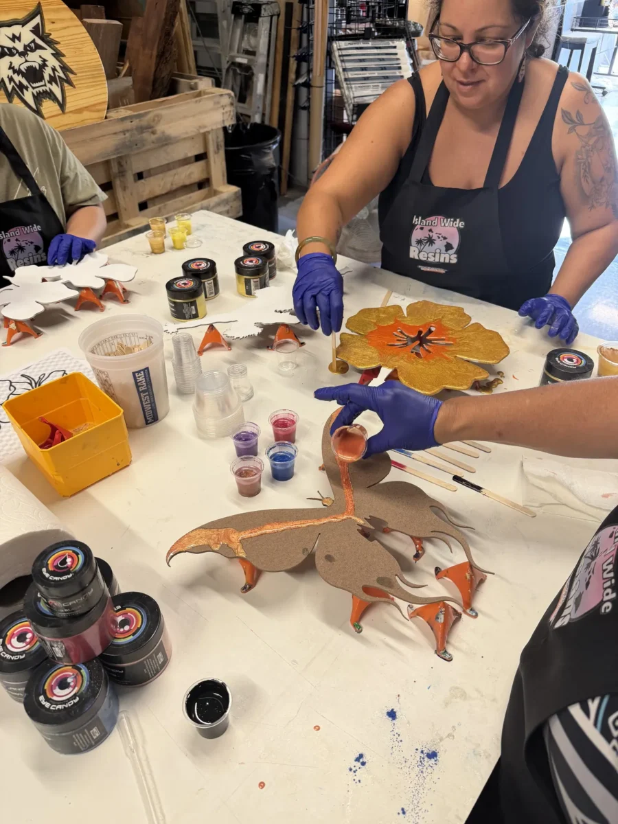 Participants coloring cutouts during class