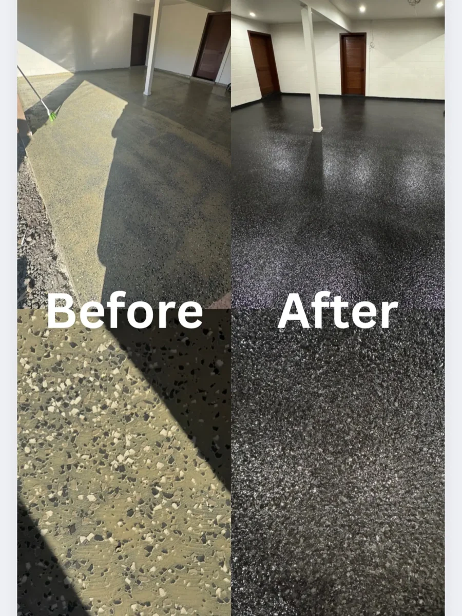 Concrete floor before and after a flake coating