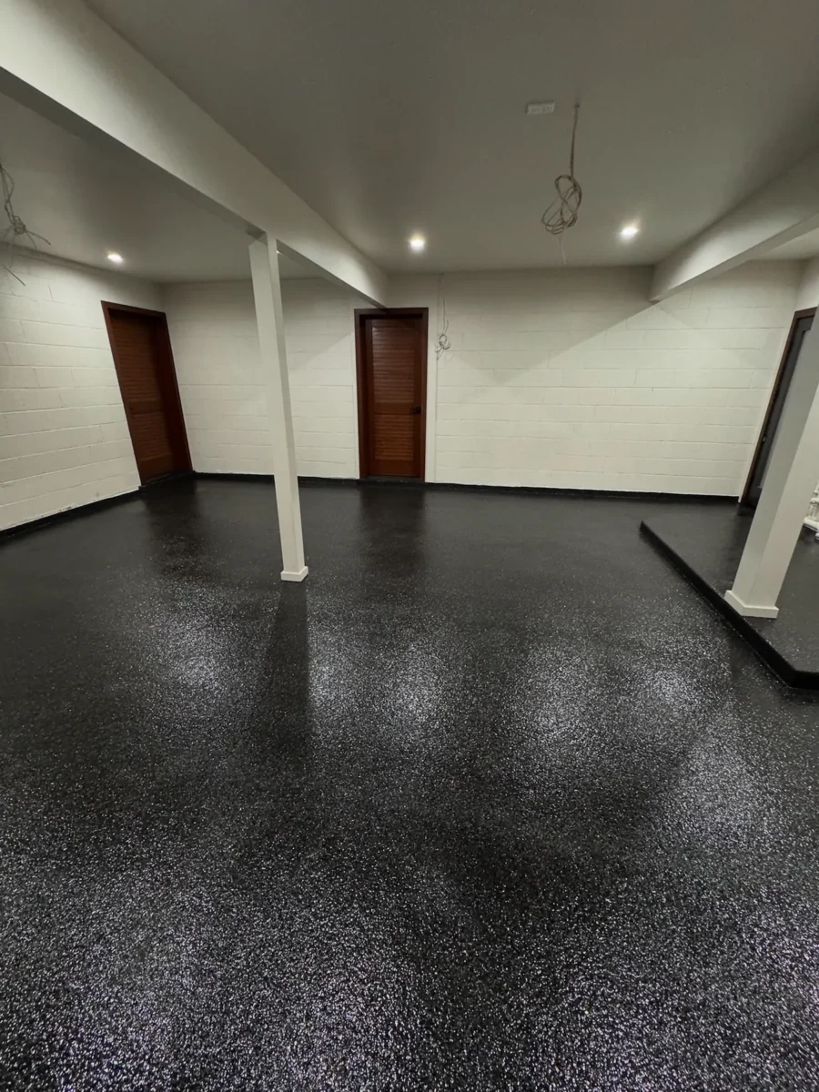 Decorative flake floor in a finished garage