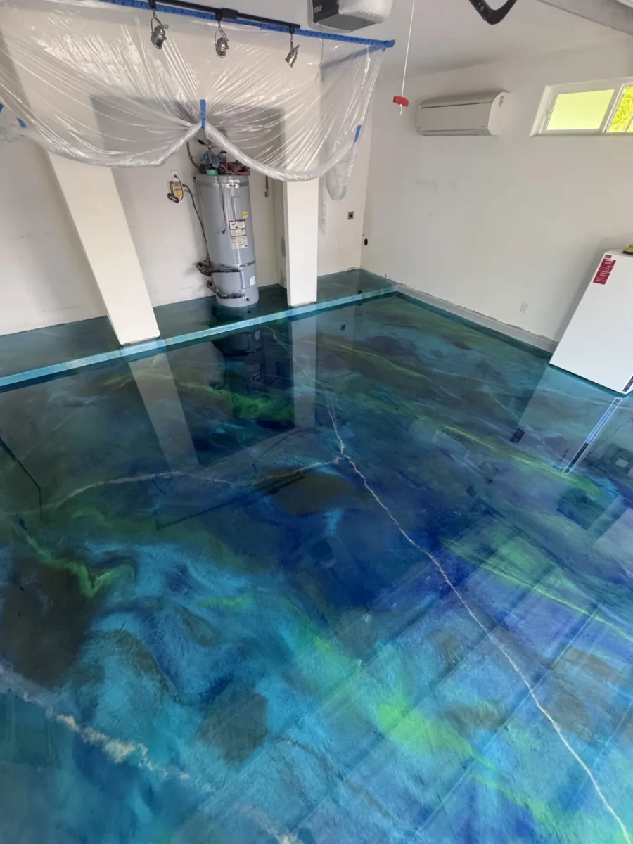 Blue and turquoise metallic epoxy floor