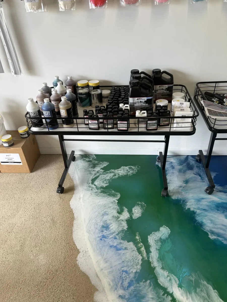 Ocean-style metallic epoxy floor in a living space