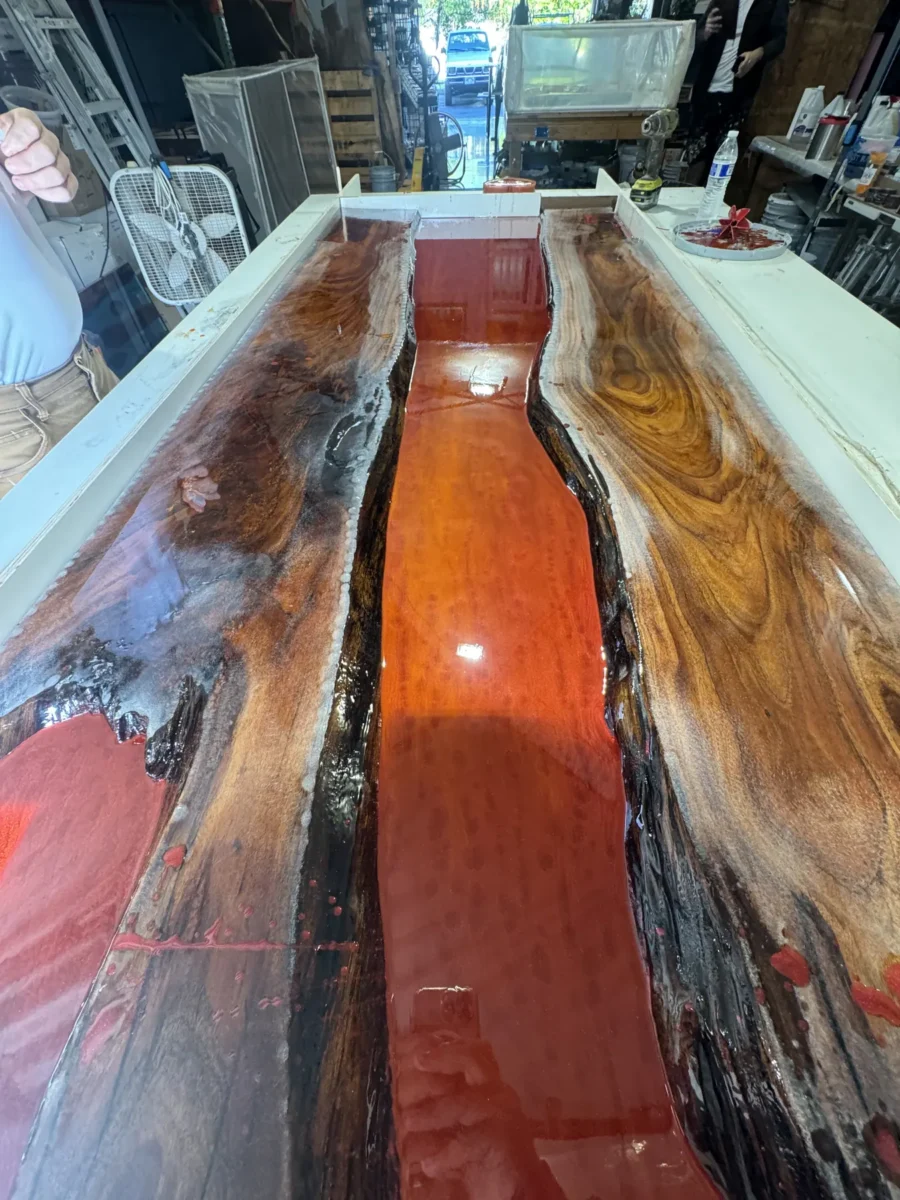 River table during the pour