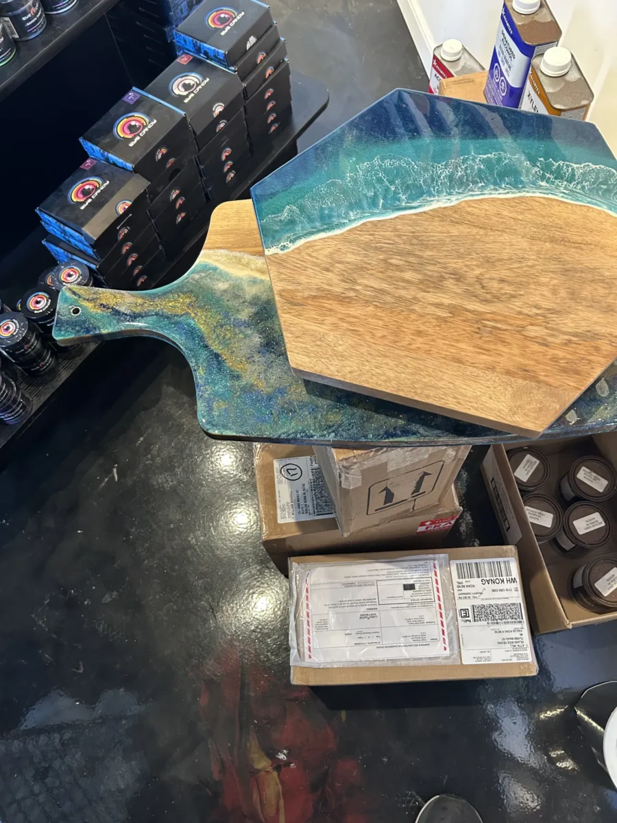 Charcuterie board with an ocean resin pour